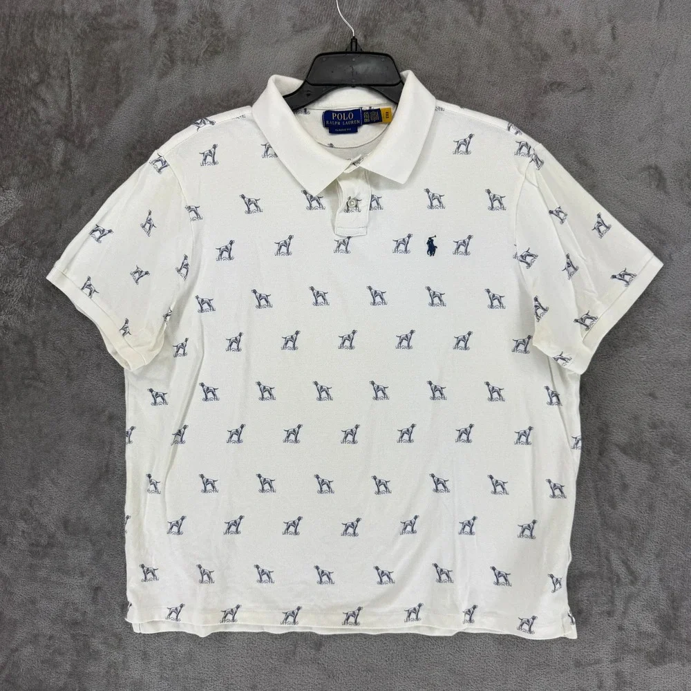 Polo Ralph Lauren Mens XXL White Pointer Dog Print‎ Classic Fit Polo Shirt